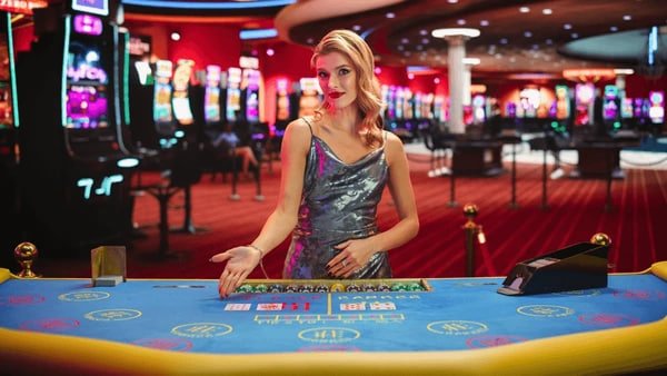 Caribbean Stud Poker table with dealer hand visible and player cards face down